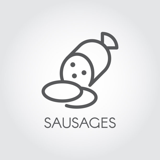 香肠图标绘制在线性风格。早餐吃意大利腊肠和零食。食品店标志轮廓、菜单、价目表等设计需求。矢量线说明图片下载