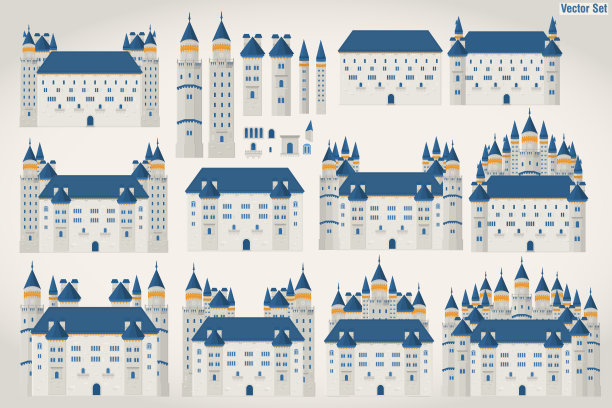 向量集的城堡在不同的变体在蓝色和灰色的颜色。图片下载