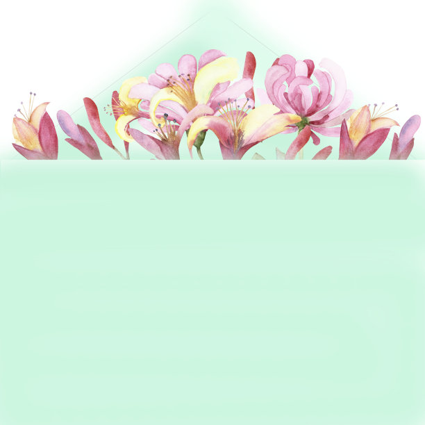 水彩手画自然花卉组成与粉红色的花朵鲜花束和蓝色的信封与文字的空间上的白色背景邀请和贺卡图片下载