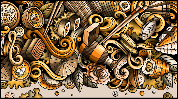 日本美食手绘涂鸦横幅。卡通详细的传单。图片下载