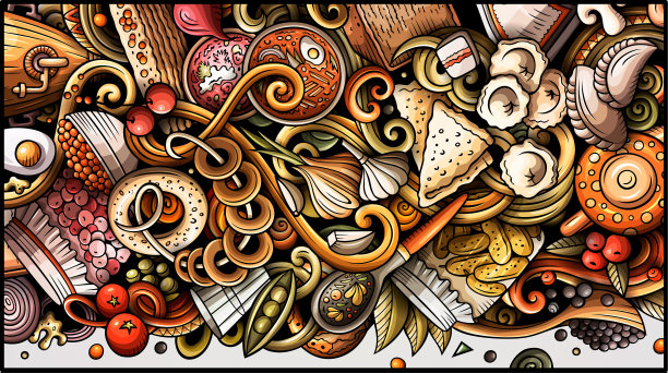 俄罗斯食品手绘涂鸦横幅。卡通详细的传单。图片下载