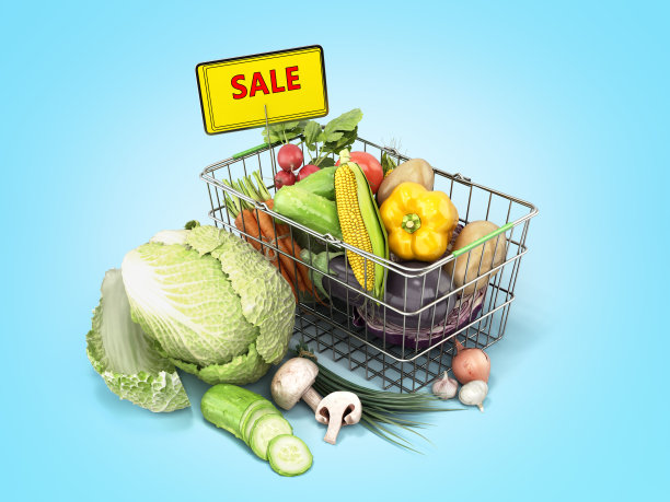 菜篮子与蔬菜概念新鲜食品销售3d渲染图像上的蓝色梯度图片下载