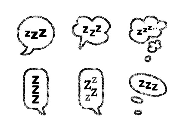 Zzz和Zzzz黑色睡眠文本设置在白色背景的语音气泡，孤立的矢量插图打鼾睡觉时间或失眠概念涂鸦风格。图片下载