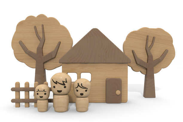 乡村生活。三口之家。木头房子。三维渲染图片下载