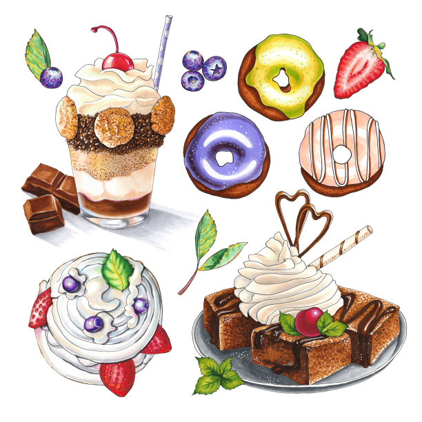 一套巧克力甜点:在盘子上浇上巧克力奶油的蛋糕，在玻璃杯里的甜点层，一个有浆果和甜甜圈不同的釉的蛋糕。插图与标记。图片下载