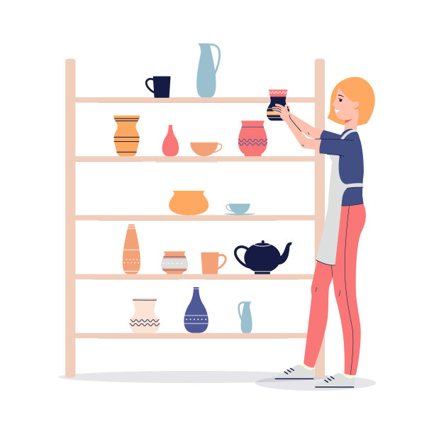 妇女在作坊或商店里放置陶器图片下载