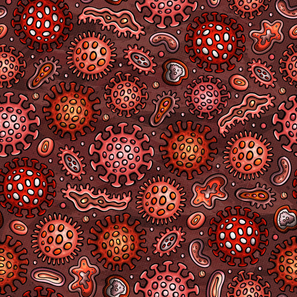 病毒和细菌手绘涂鸦无缝图案。冠状病毒的背景。图片下载