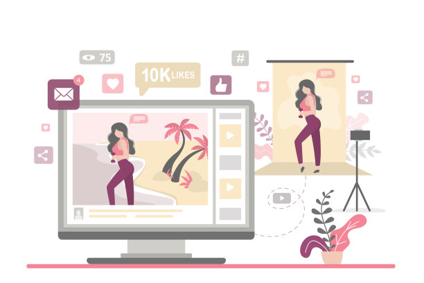 一位时尚的女士在她的频道上拍摄视频，告诉她的订阅者有关旅行和运动的信息。图片下载