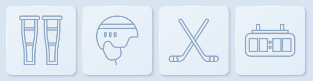 设置线拐杖或拐杖，冰球棒，曲棍球头盔和曲棍球机械记分牌。白色正方形按钮。向量图片下载