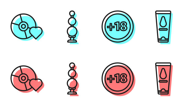 设定线加18电影，成人标签光盘，肛门珠子和个人润滑剂图标。向量图片下载