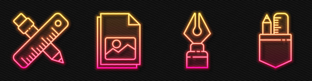 划线钢笔笔尖，划线尺和铅笔，画风景线和划线尺和铅笔。发光的霓虹灯图标。向量图片下载