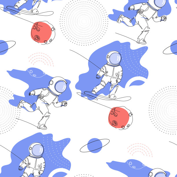 无缝模式。宇航员在太空中奔跑。一名宇航员正在银河系中滑雪。图片下载