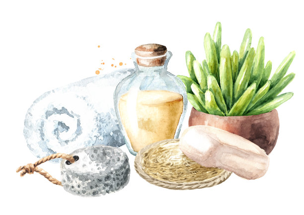 水疗中心的概念。浴室配件。浮石，香油，天然毛巾，肥皂和盆花。手绘水彩插图孤立的白色背景图片下载