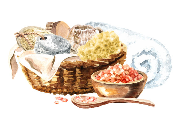 水疗中心的概念。浴室配件。手绘水彩插图孤立的白色背景图片下载