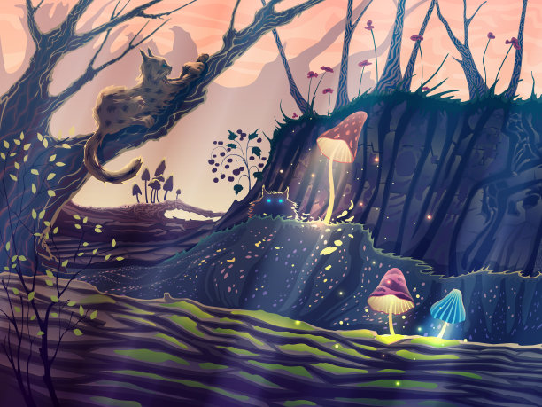神奇的森林夏季景观幻想树木，野生动物，猫，蘑菇，草，花，美丽的户外矢量插图与日落光束图片下载