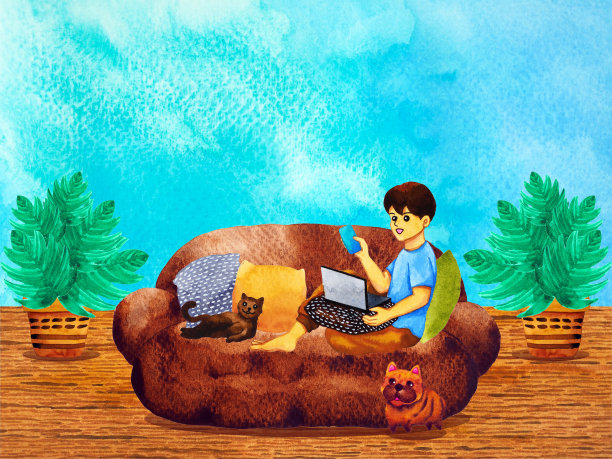 人在家工作在线教育在线学习水彩画卡通人物插画设计素材图片