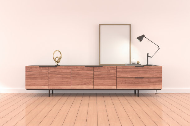 室内空间的模拟与白色空白相框木柜和金灯。经典设计的视角。3 d渲染。图片下载