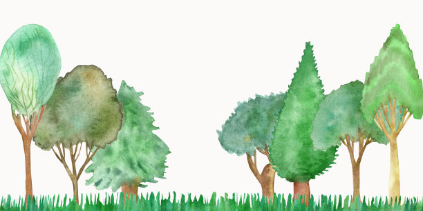 水彩手绘自然森林植物设置组成与绿色的树叶和树枝在云杉，橡树，柏树，榆树树干收集在绿色的草地景观上的白色背景图片下载