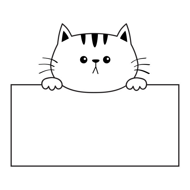 猫伤心的头脸剪影挂在纸板模板上。手爪。轮廓线。可爱的卡通猫角色。卡哇伊的动物。有趣的小小猫。爱的名片。平面设计。白色背景图片下载