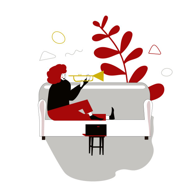 年轻的女孩或妇女在客厅的沙发上弹奏乐器。远程学习小号课程。我在家学习。花时间呆在家里。在白色背景上的卡通手绘风格的风格化插图。在线吉他。向量图片下载