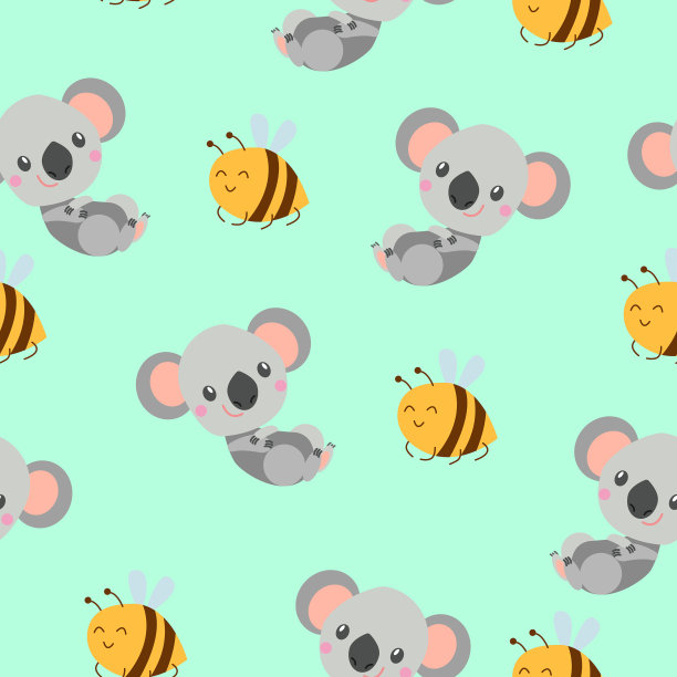 无缝图案的微笑考拉宝宝和黄色蜜蜂。绿色背景。平的卡通风格。可爱和有趣。对于孩子，明信片，纺织品，墙纸和包装纸。夏春点缀图片下载