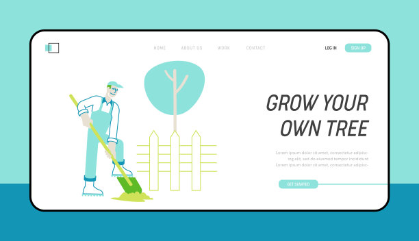 户外爱好或工作登陆页面模板。农民在园林工作中挖掘土壤与植物护理。园丁种植芽地。动态线性矢量图图片下载