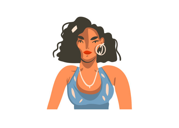 手绘矢量抽象股票图形插图与年轻的微笑美丽的女性孤立在白色的背景图片下载