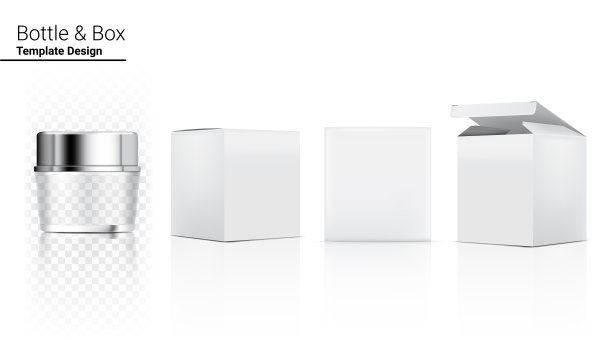 光滑透明的罐子瓶子模拟逼真的化妆品和三维盒子美白护肤和抗皱商品在白色背景插图。卫生保健和医疗。图片下载