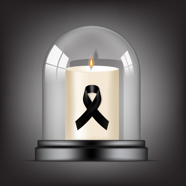 在透明玻璃圆顶的背景横幅上，用黑色尊敬丝带和蜡烛模拟哀悼的象征。在和平中休息葬礼卡片矢量插图。图片下载