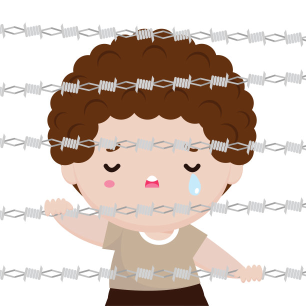 世界难民日，小男孩在铁丝网后面设计卡通人物平面，内战，难民船上。移民。人类移民隔离在白色背景矢量插图逮捕，带刺，铁丝网，障碍，边境，营地，卡通，链条，chi图片下载