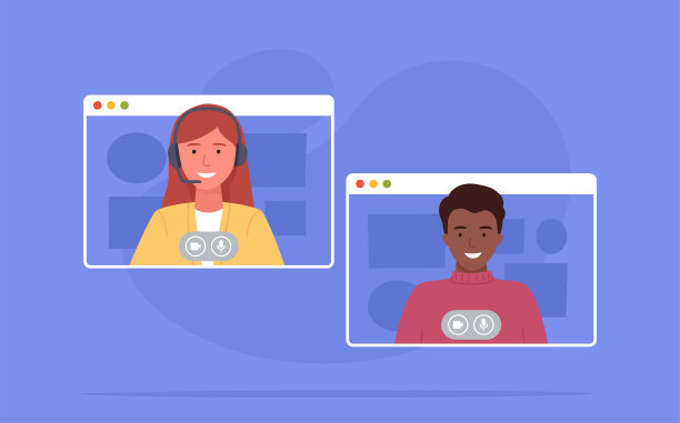 视频会议。同事在家参加视频会议。在家工作。在线交流软件。矢量图图片下载
