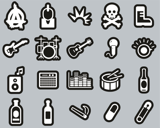 朋克音乐和文化图标白色对黑色贴纸设置大图片下载