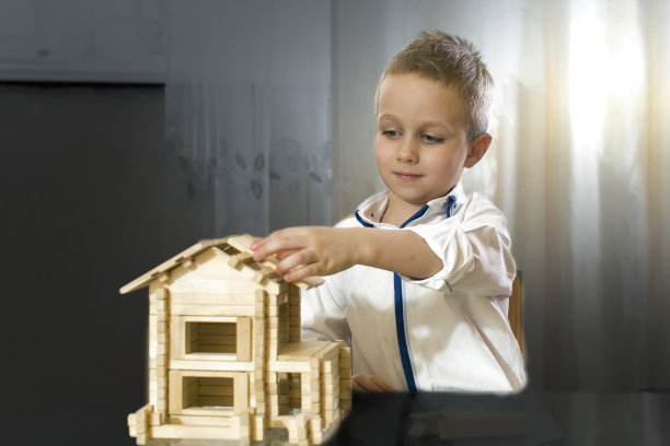 小男孩在玩盖房子的游戏图片下载