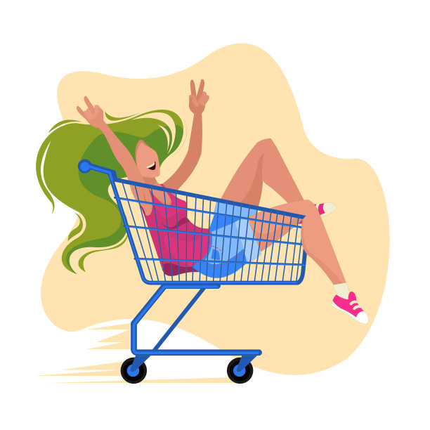 卡通色彩人物人物女孩骑购物车概念。向量图片下载