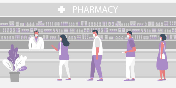 新冠肺炎疫情期间的药房。药店里戴医用口罩的人图片下载