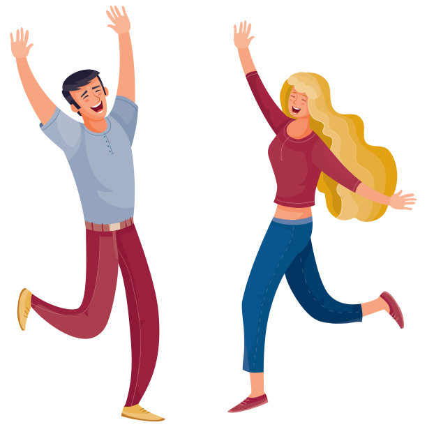 一个有着金色长发的女人与一个男人快乐地跳跃着，一个孤立的物体在白色的背景上图片下载