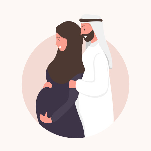 传统穆斯林家庭，阿拉伯夫妇怀孕和分娩。一个戴着头巾和民族服装的孕妇和她的丈夫和孩子。平面向量插图。图片下载