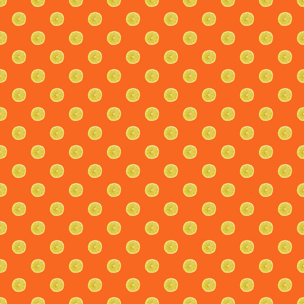 无缝几何图案，一个切成圆角的柠檬在明亮的橙色背景上。模式图片下载