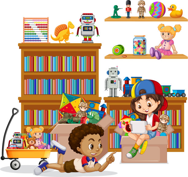 书架上满书和玩具的白色背景图片下载