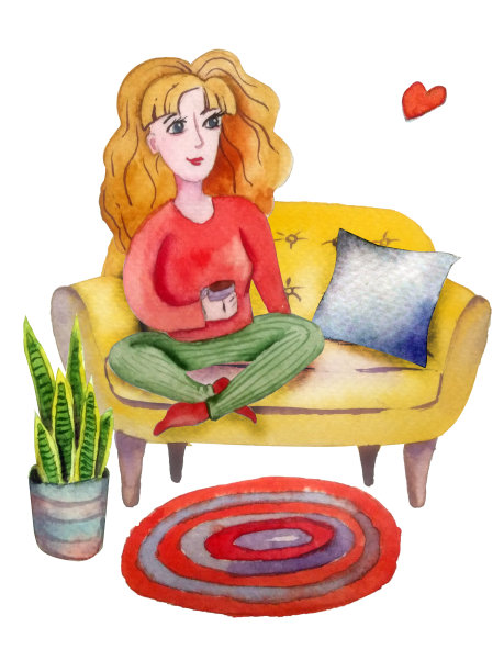 水彩画的年轻女子坐在沙发上享受舒适的生活方式:枕头，植物，咖啡。在家手绘插图。素材图片