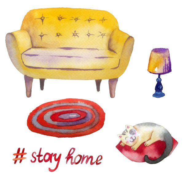 手绘水彩插图孤立在白色的背景。关于呆在家里的一系列元素:沙发，枕头，灯，猫。图片下载