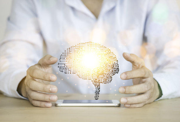 手握创意插画脑电路。它是人工智能和人工智能技术的概念。图片下载