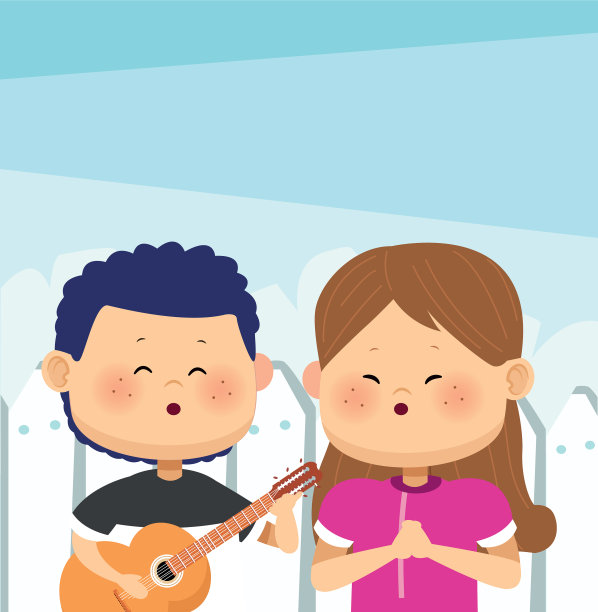 卡通男孩弹吉他和唱歌的女孩图片下载