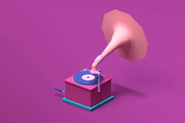 三维等距粉色留声机正面视图为古典音乐。图片下载
