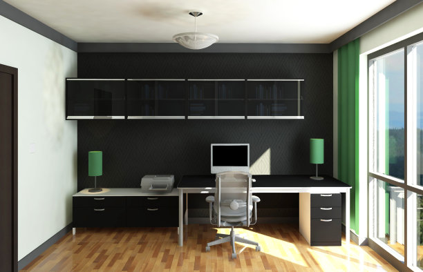 深色家具的家庭办公区域的3d插图。图片下载
