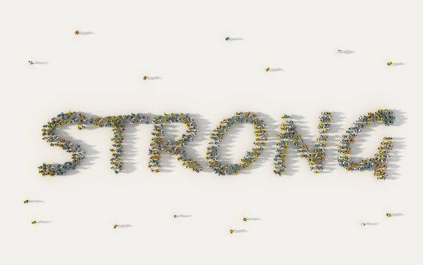 一大群人在白色背景下形成社会媒体和社区概念的强字母文本。人群图的3d符号从上面聚集在一起图片下载