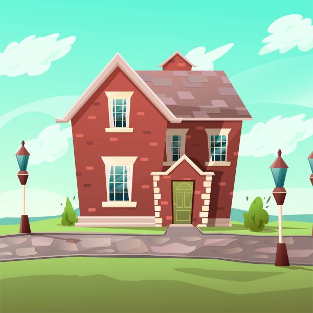 维多利亚复古风格的建筑。卡通插图的一个红砖公寓房子的自然景观。向量。图片下载