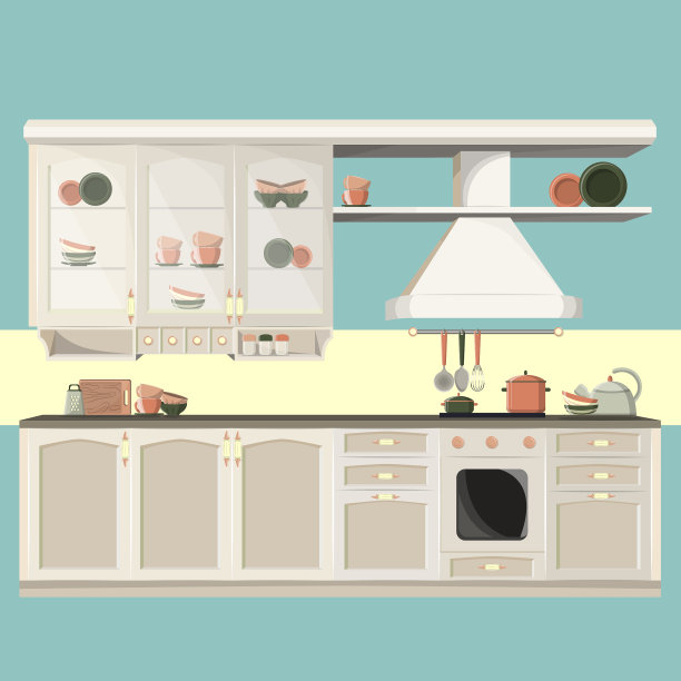 厨房内部有家具和器皿的平面风格图片下载