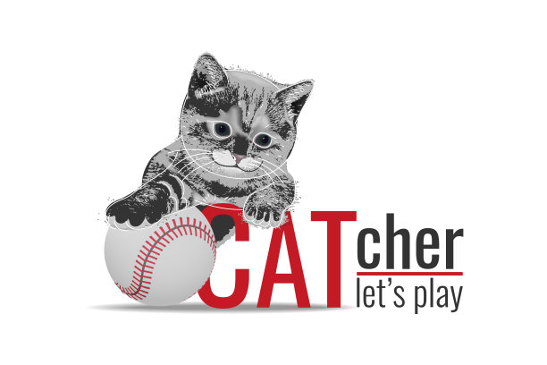 向量中性t恤印花搞笑猫，棒球和口号，捕手让我们玩。3d逼真的衬衫模板。吉祥物宠物在白色的背景。运动复古海报与凯蒂。矢量图图片下载