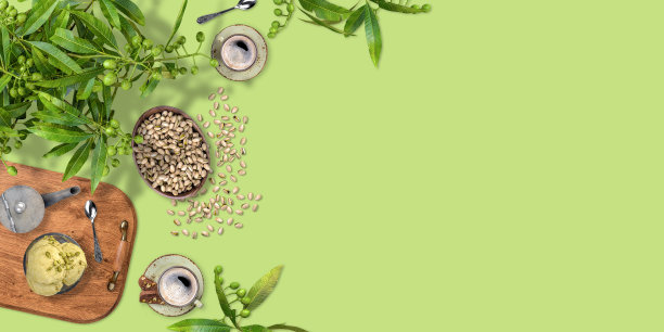 咖啡杯，零食和甜点，绿色背景，复制空间，平面布局设计，3d渲染图片下载